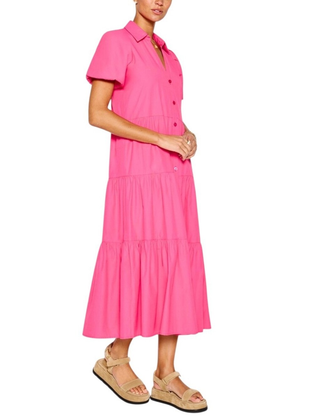 Brochu Walker The Havana Puff Sleeve Tiered Poplin Midi Dress in Hot Pink